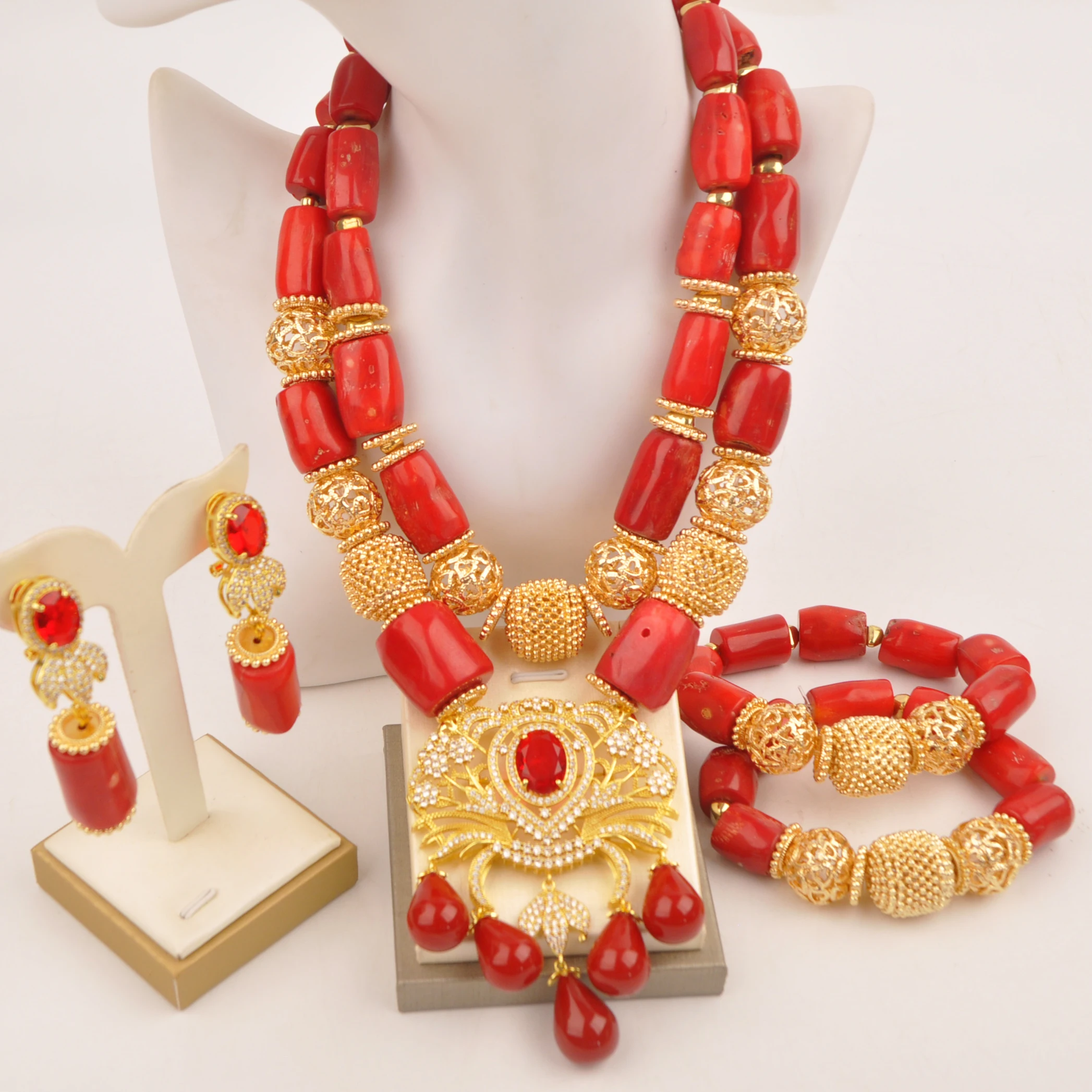 Fashion Red African Wedding Beads Nigerian Coral Bridal Jewelry Sets