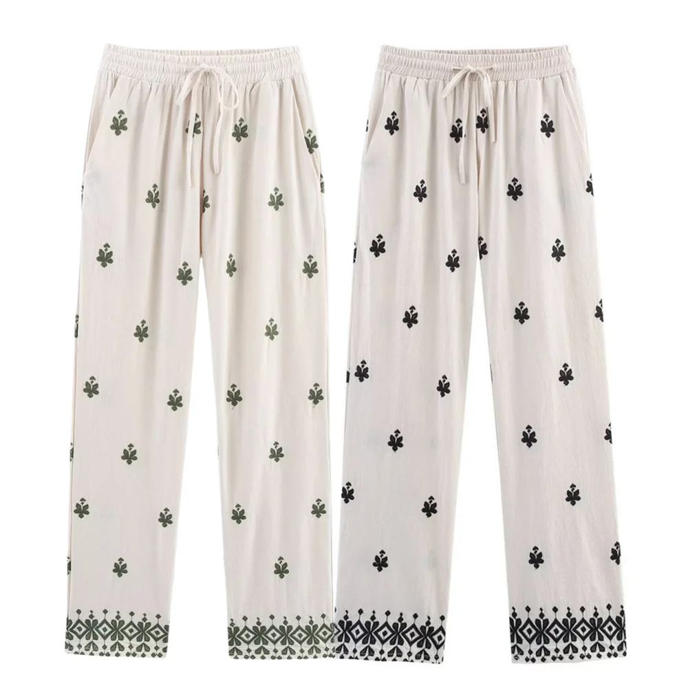 

PB&ZA2025 summer new women's clothing contrast color stitching embroidery decoration wide leg casual mid-waist trousers