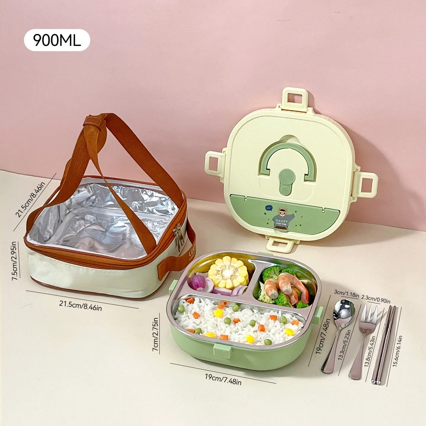 3/4 Raster Verzegelde 304 RVS Voedselcontainer voor Studenten Vierkante Verdeelde Bento Lunchbox Met Bestek Magnetronbestendig