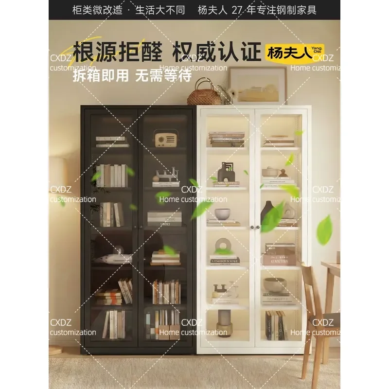 Wrought Iron Bookcase with Glass Door Display Cabinet Modern Simple Floor Bookshelf Living Room Storage Cabinet Household