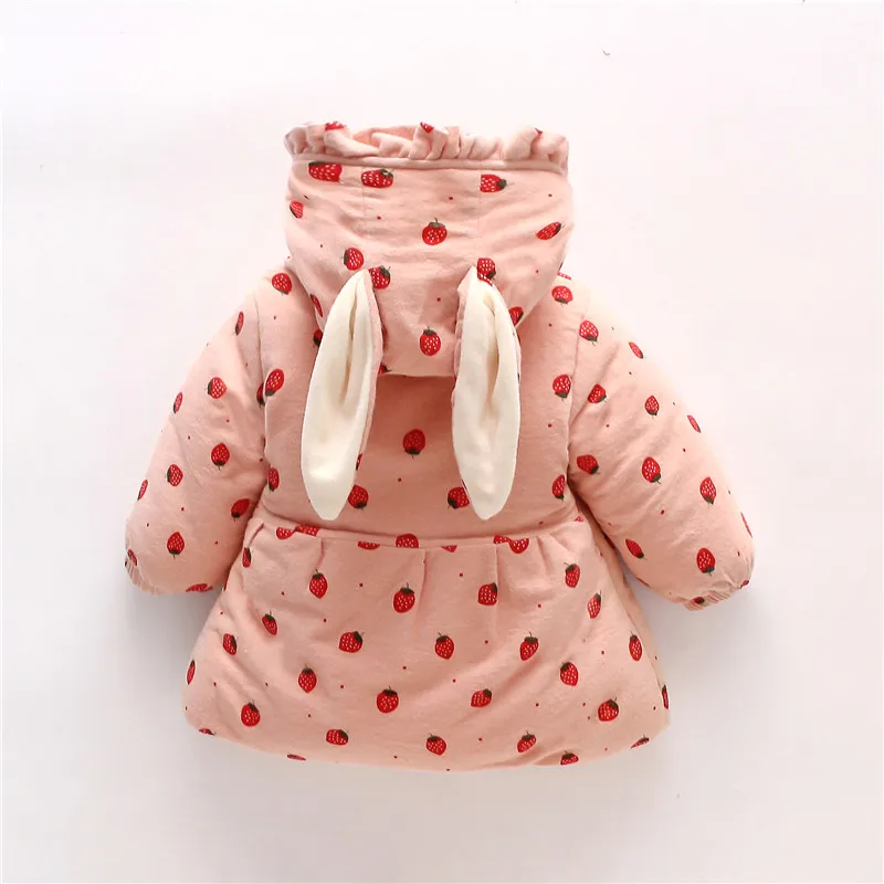 Girls\' Winter Children\'s Wear Solid Color Cute Strawberry Print Coat Sweet Rabbit Ears Hooded Cotton Shirt