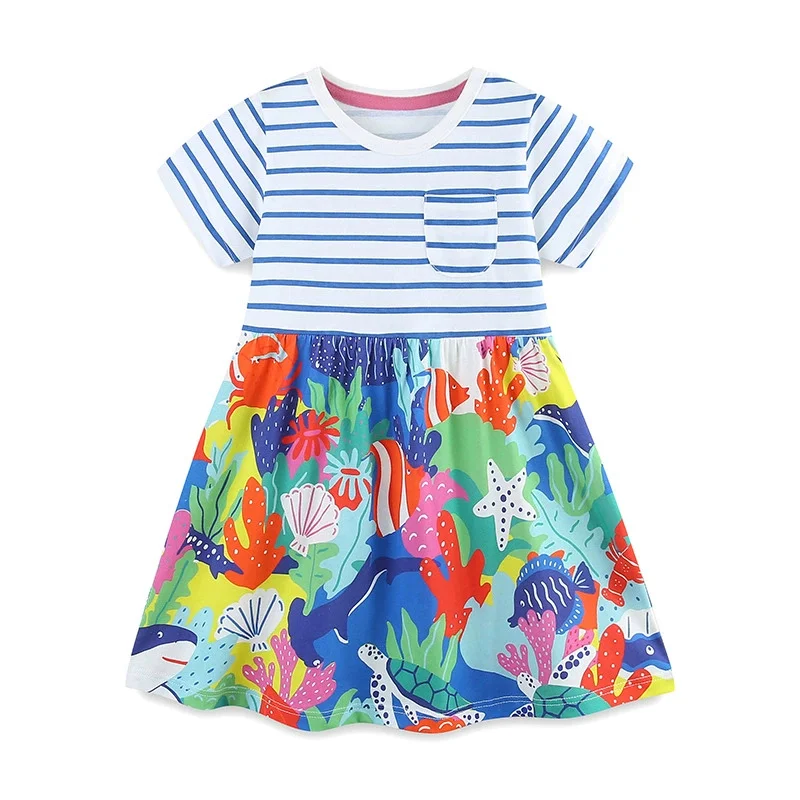 Dinosaurs Summer Girls Stripe Dresses Princess Embroidery Fashion Children's Kids Fashion Dresses Girls Clothing