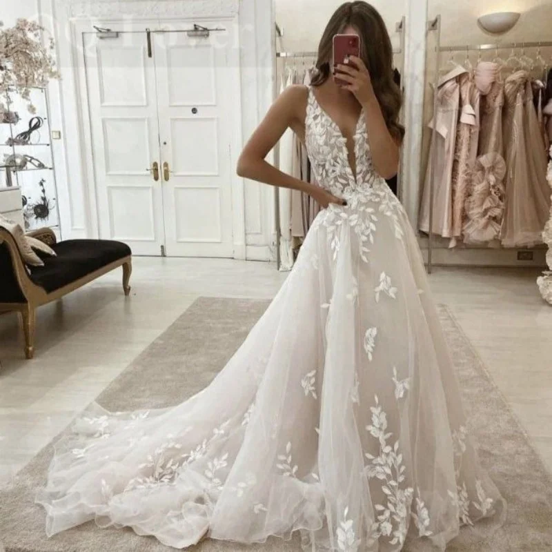 Wedding Dress Bohemia V-Neck Beach Bridal Gown Vintage A-Line Appliques Vestido De Noiva for Women Customized