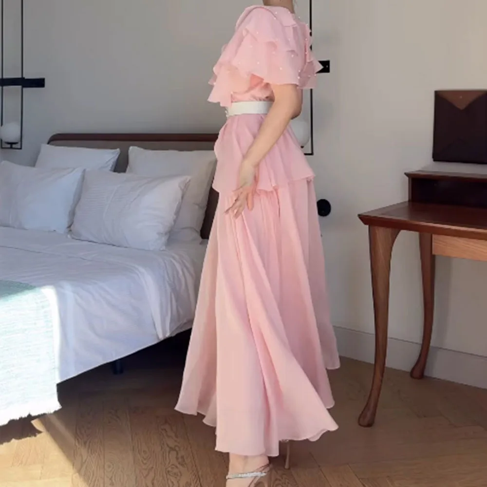 Abiti da sera a trapezio personalizzati Abito da ballo senza maniche con scollo a V alla caviglia Abito da festa drappeggiato con stola a strati con perline di moda