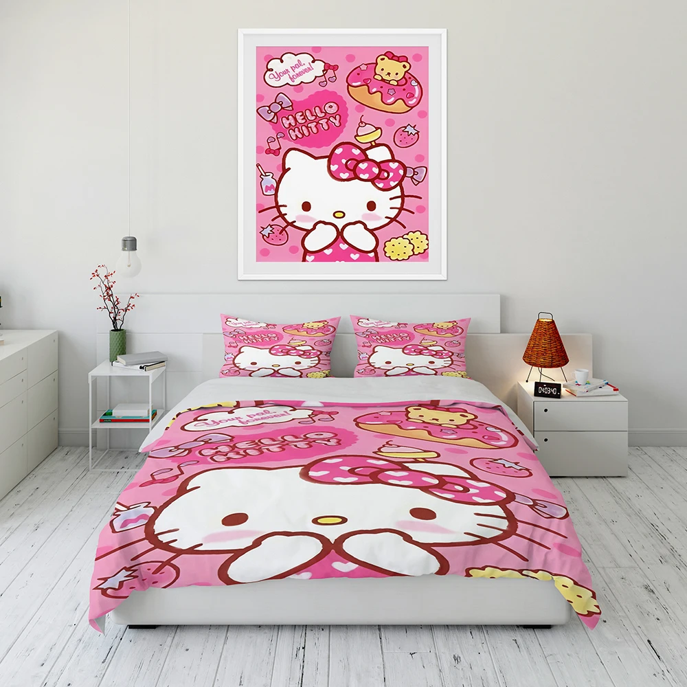 Sanrio Hello Kitty 3 Pieces Bed Set Pillowcase Adult Bed Cover Bedroom Bed Set Duvet Set Duvet Home Decoration Quilt Cover