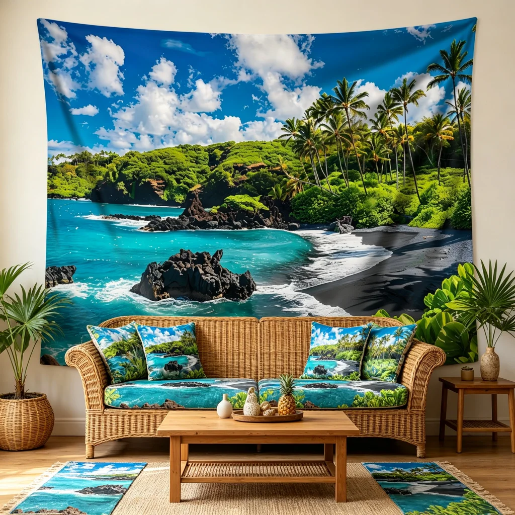 1PC Tropical Beach View Art Print Backdrop Banner, Bedroom Living Room Photo Background, Polyester, Home Decor, Wall Art