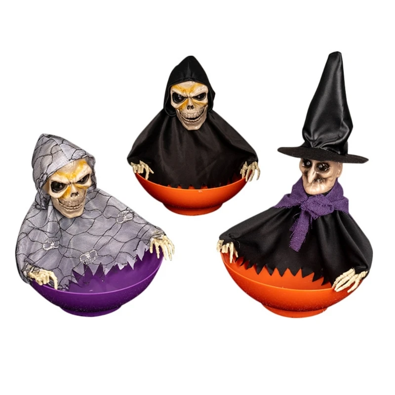 KX4B Spooky Skeleton Candy Holder ชามขนมที่มีดวงตาสีแดงสว่างขึ้นและชิ้นส่วนที่เคลื่อนไหวสำหรับการตกแต่งวันฮาโลวีน