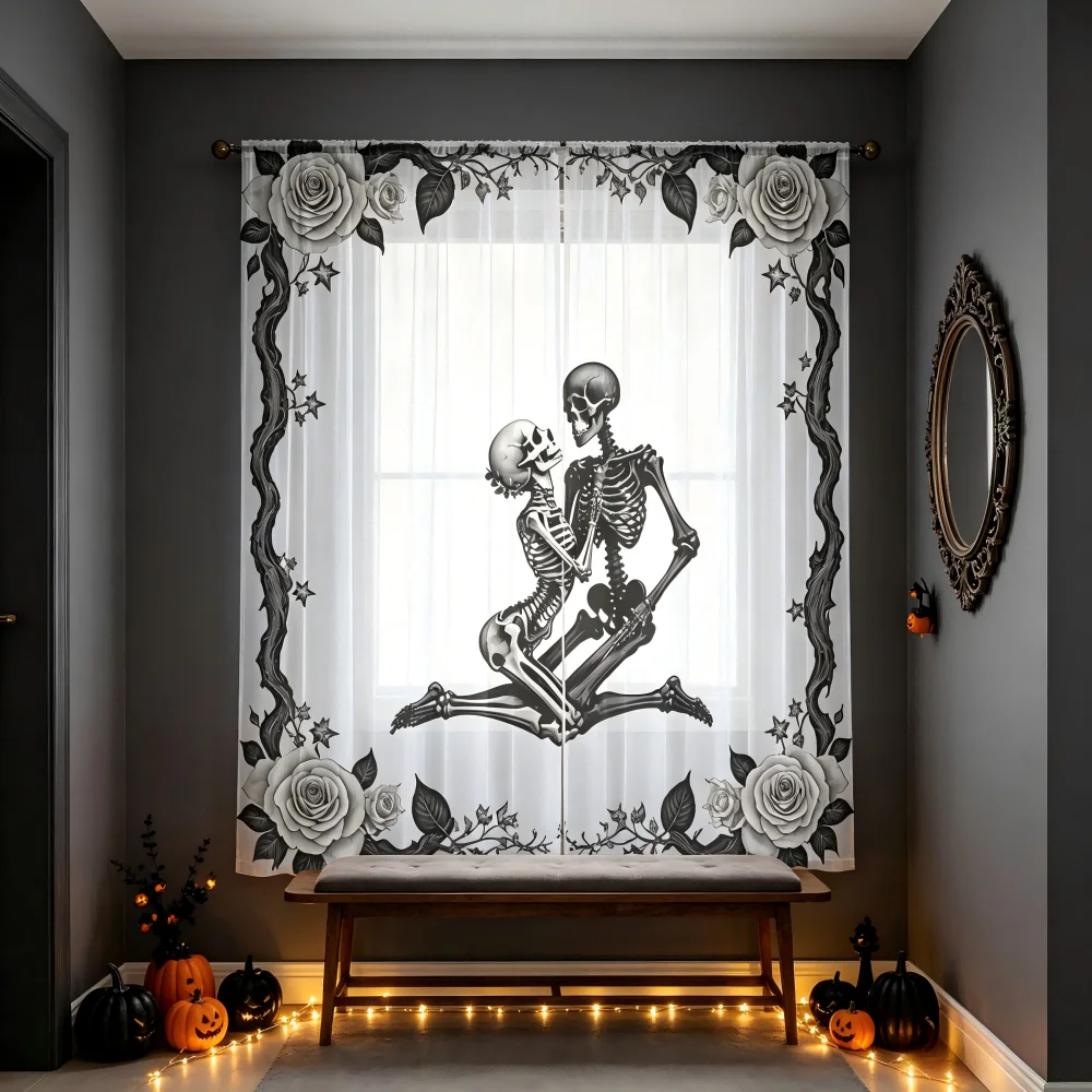 2PCS Digital Print Sheer Curtain, Skull Flower Frame, Gothic Halloween Dark - Voile Drapes for Bedroom Living Room Decor