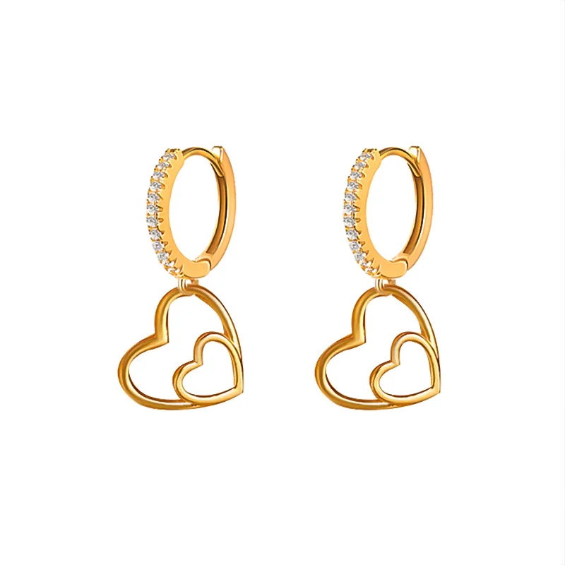 Long High Quality Jewelry Simple Hollow Silver Golden Plated Love Heart Circle Zircon Women Dangle Drop Earrings