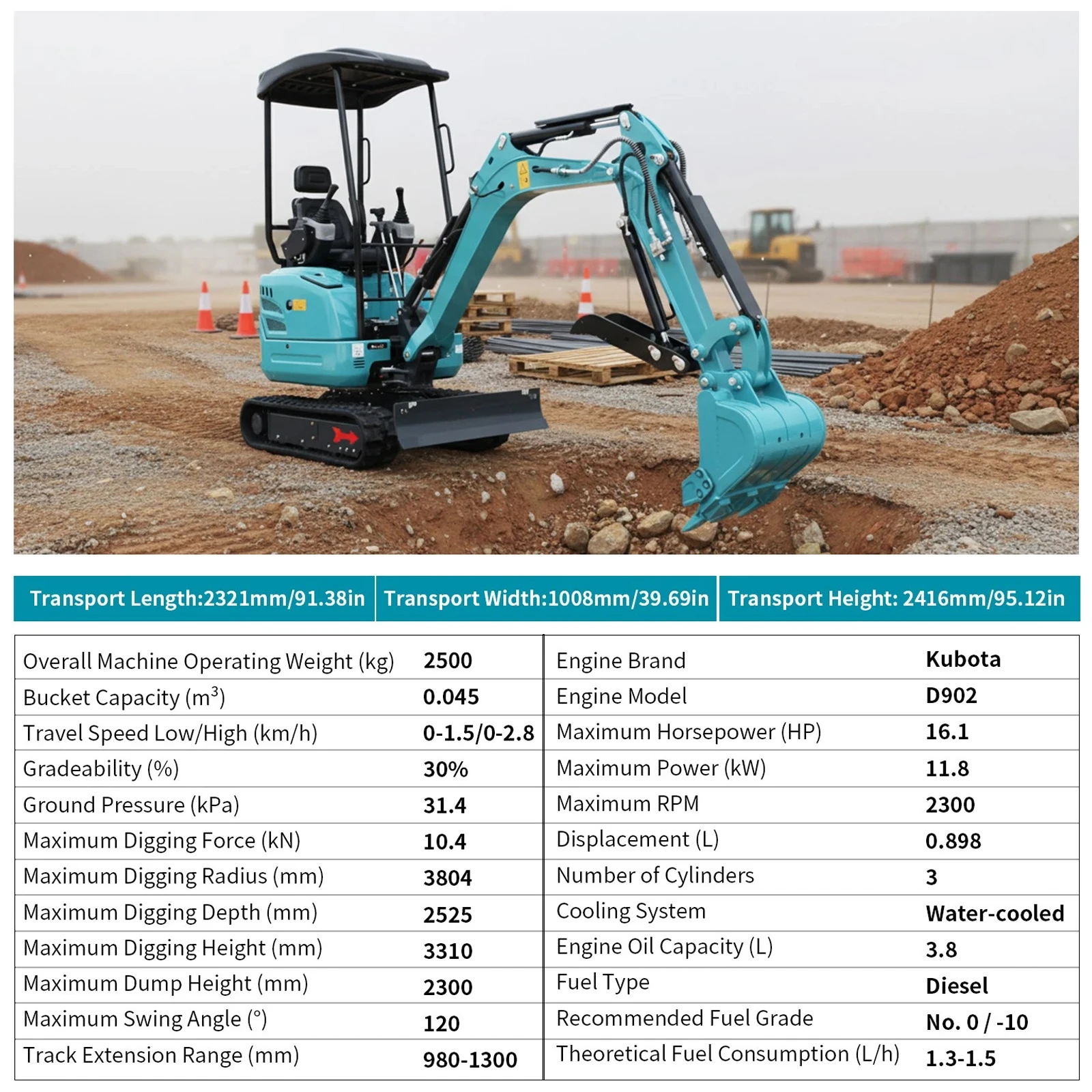 DIGMIGHT Mini Excavator Kubota Engine 2.5 Ton Pilot Control, 3-Section Hydraulic System,Engine Tracked Crawler Free Shipping