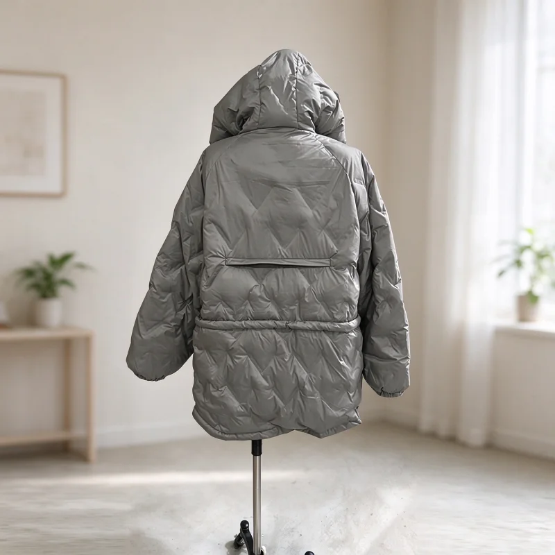 2026 Winter Solid Women Thicken Coat Casual Long Sleeve Hooded Zippers Pleated Female Outwear Elegant Lady Oversize Jacket