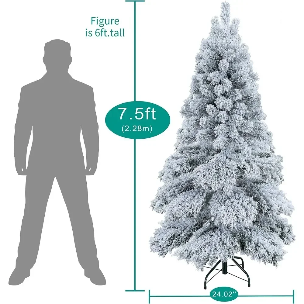 7.5 Foot Snowflake Plush Christmas Tree, Frosted Christmas Tree with 1324 Branch Tips, 650 Warm Lights, and Metal Brackets