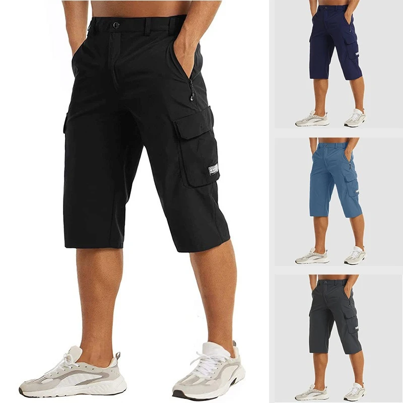 

Men's Casual Shorts Knee Length Lightweight Walking Solid Elastic Waist Sports Shorts Outdoor Hiking Cargo Pocket Short Pants