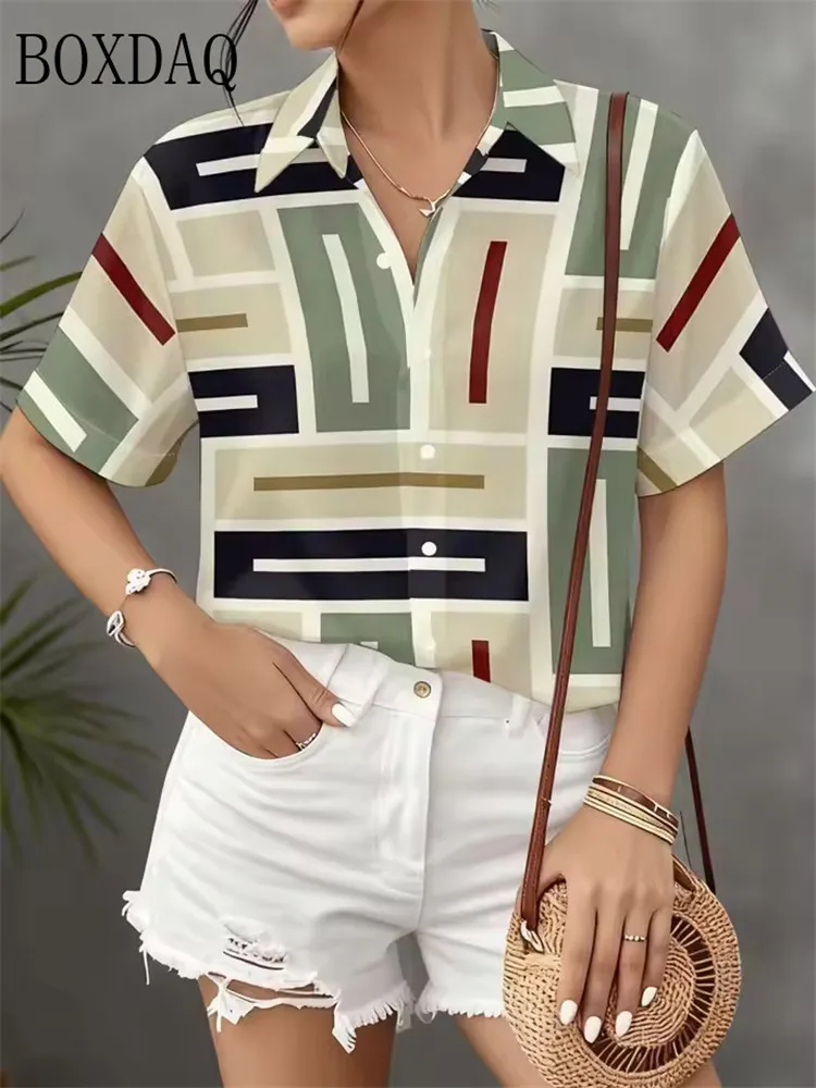 Summer Women's Blouse Loose Button Short Sleeved Lapel Gradient Floral Pattern Printed Casual Shirts