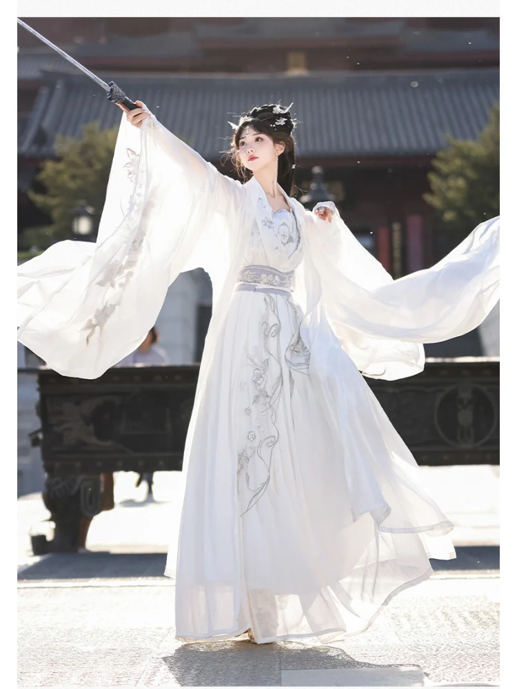 Feminino melhorado dinastia canção hanfu artes marciais inspirado antigo fada blusa de manga grande comprimento da cintura ru saia conjunto primavera