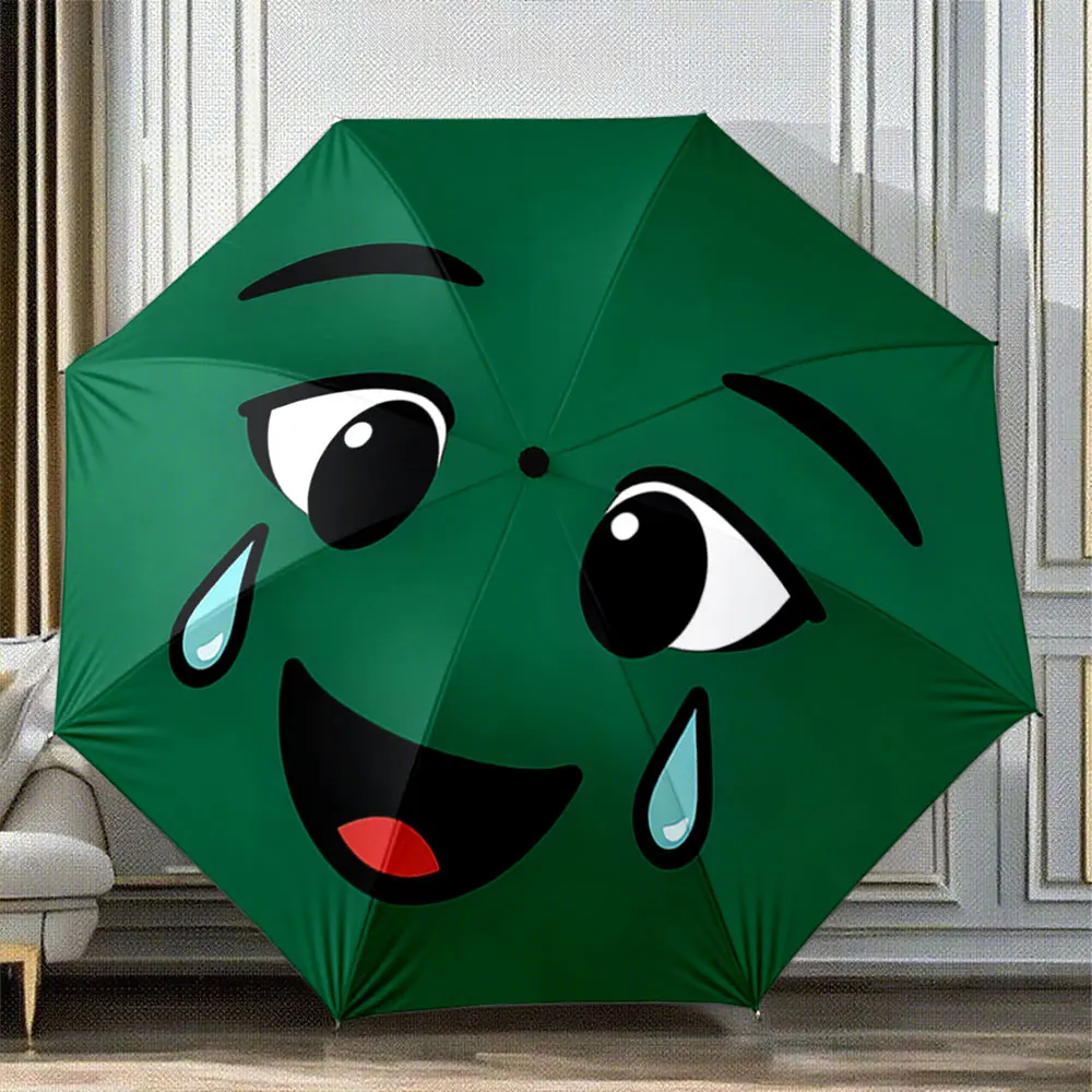 Green Circle Emoji Face with Tears and Smile Pattern Umbrella ,Portable Folding Umbrella, Gift for Family Friends