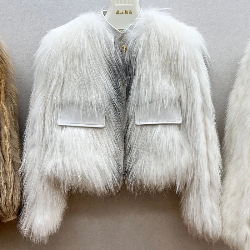 

2025 New Fashion Women Real Natural Marble Fox Fur Short Coat For Winter Thick Warm Long Sleeves Luxury Outerwear Jackets