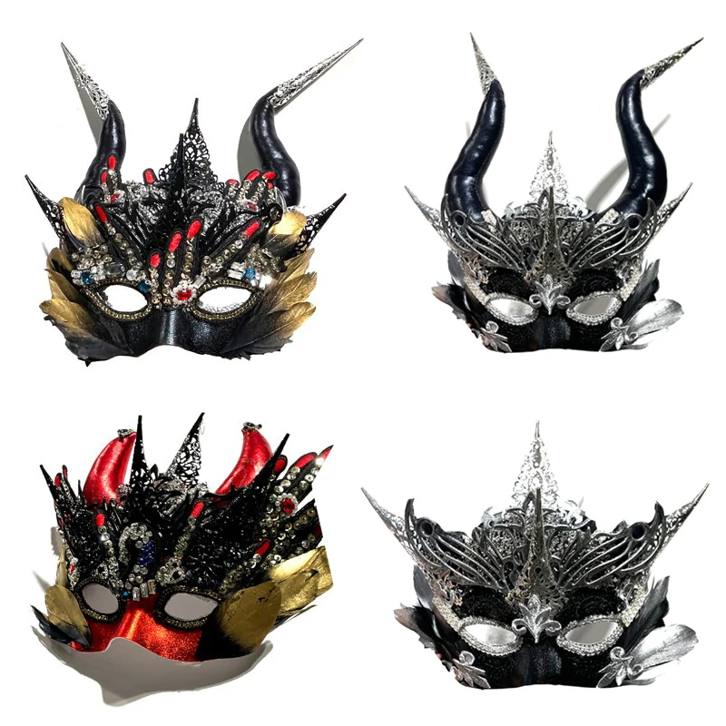 Venetian Masquerade Mask Steampunk Devil Horns Half‑Face Mask for Halloween Cosplay Carnival Party Costume Accessory