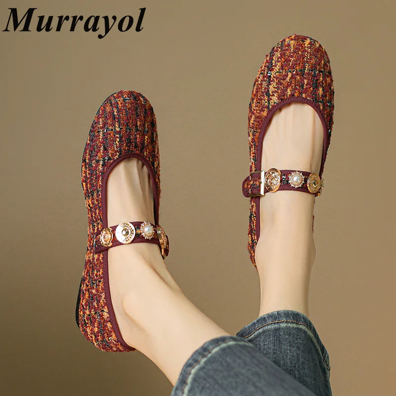 

New Round Toe Metal Decor Mary Jane Shoes Women Shallow Mouth One Strap Flat Shoes Spring Autumn Ballet Shoes Single Shoes