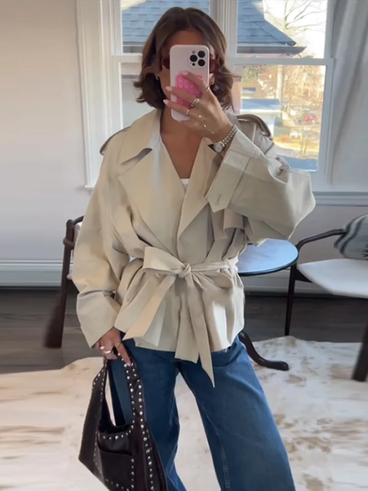 

Lace Up Trench Coats Women Solid Large Lapel Long Sleeves Loose Short Windbreaker 2025 Autumn Chic Streetwear Lady Outerwears