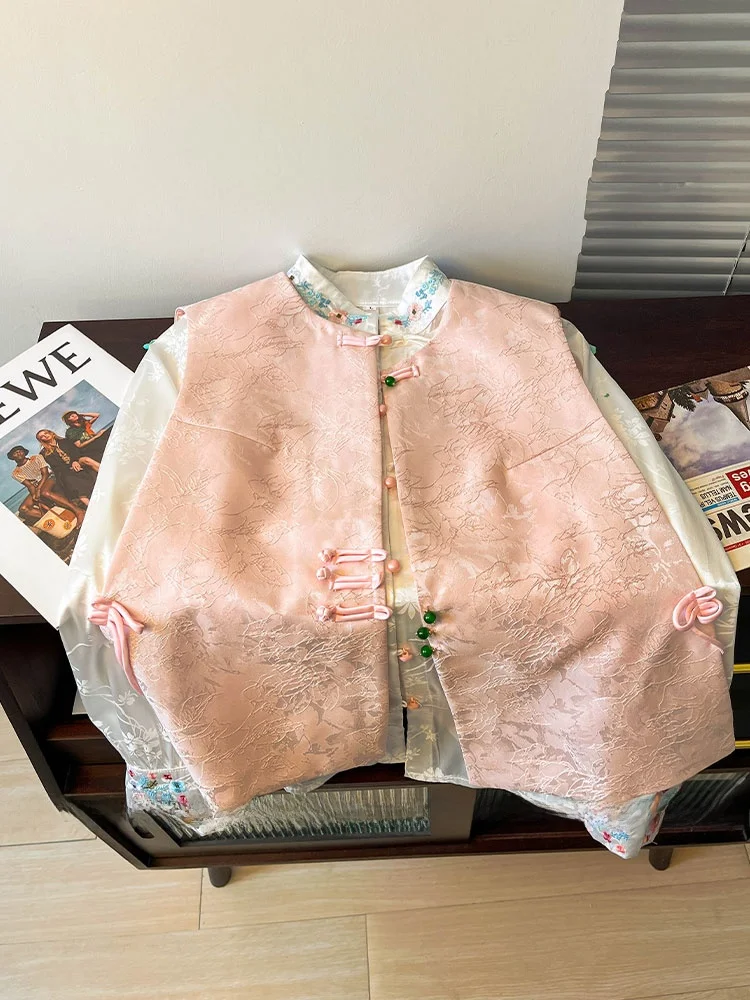 

New Chinese Sle Women's Pink Jaet Vest Embroidered Button up Outerwear Top round Ne Traditional Tang Costume oulder Pad