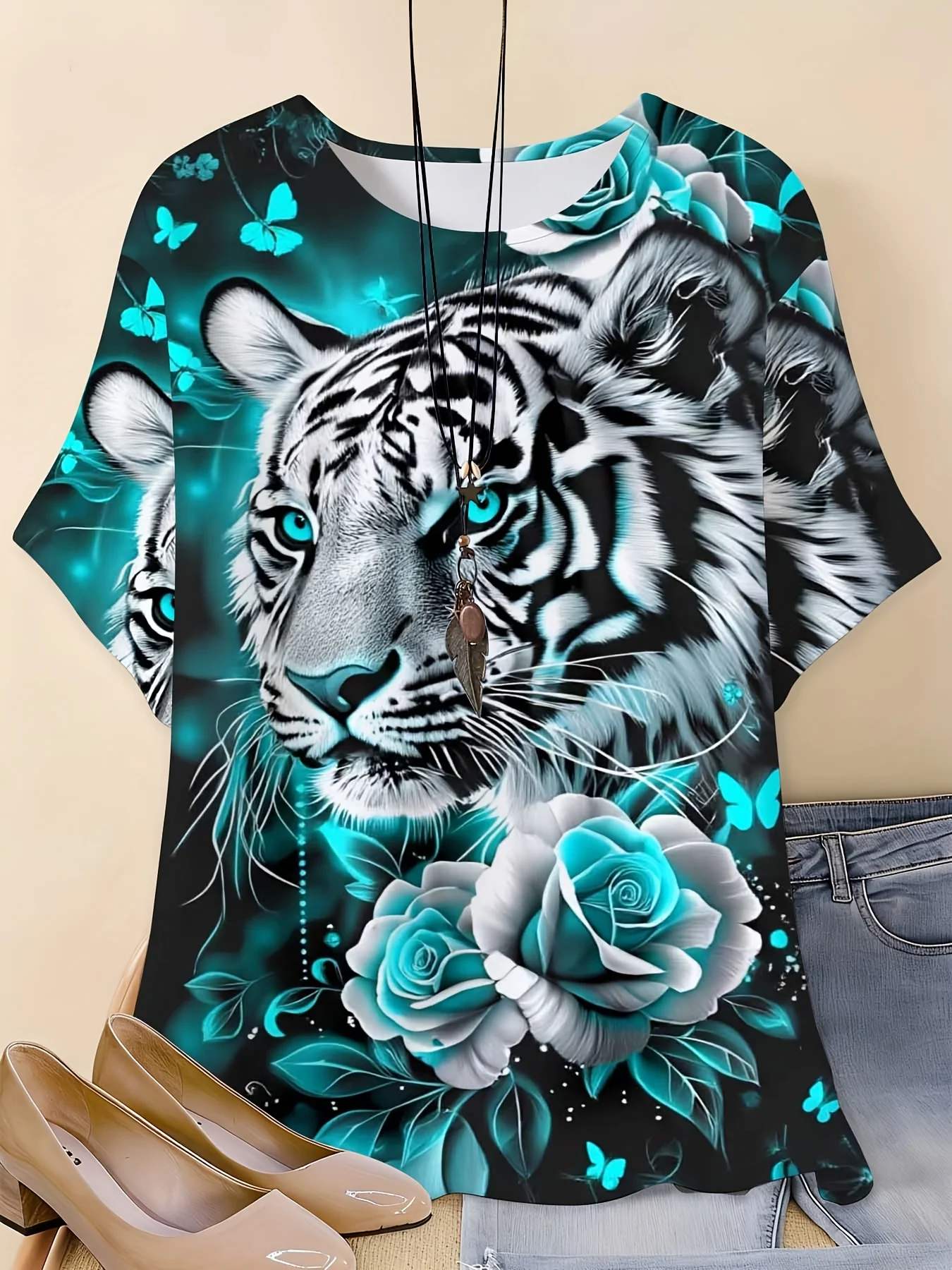 Women Crew Neck Short Sleeve T‑Shirt, White Tiger With Cyan Rose Butterfly Animal Floral Graphic Casual Tee