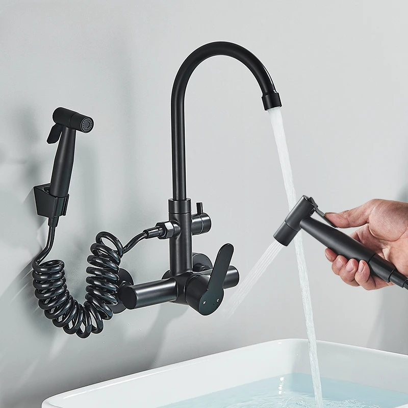 Black/ Nickel Kitchen Faucet With Spray Gun Wall Mounted Hot Cold Water Mixer Tap 360 Rotate Kitchen Sink Tap Crane Bidet Faucet