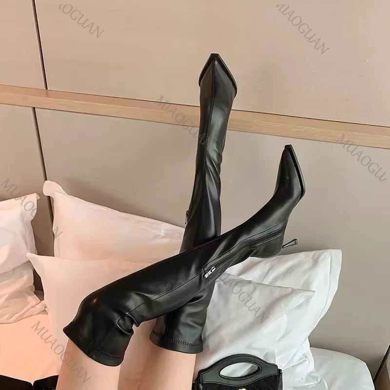 

Black High-heeled Over-the-knee Boots Soft Leather Pointed Toe Sexy Women's Shoes Side Zipper Stiletto Heels Ladies Long Botas