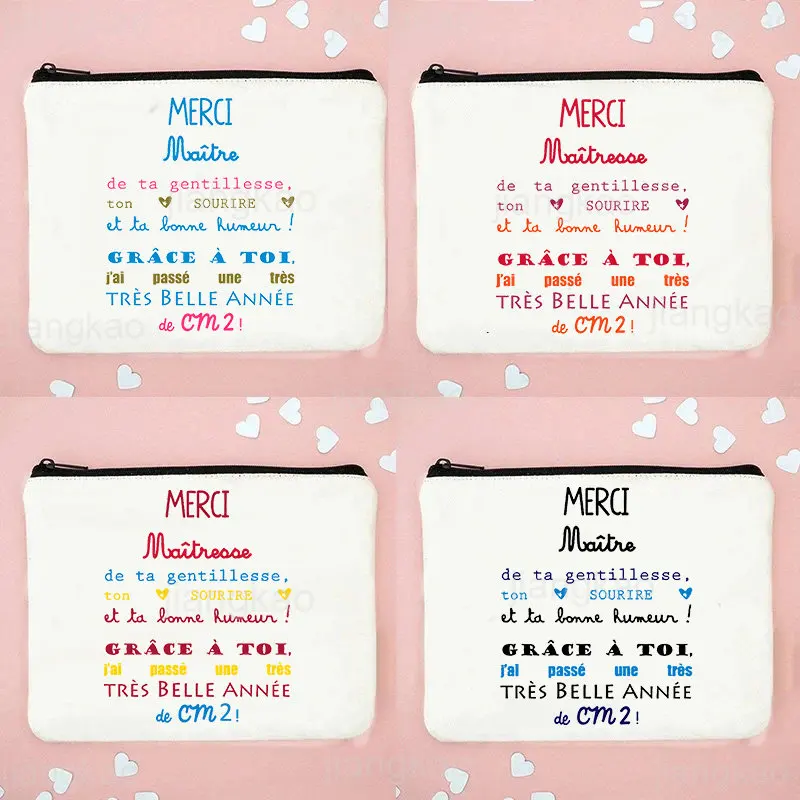 Merci Maitre Merci Maitresse Print Cosmetic Bag Women Men Makeup Pouch Travel Toiletry Organizer Teacher's Day Graduation Gift