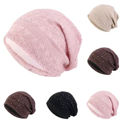 Turbante elástico para mujer, Hijab musulmán de encaje con diamantes de imitación, gorros de noche para dormir, gorro de quimio, bufanda para mujer, gorro holgado