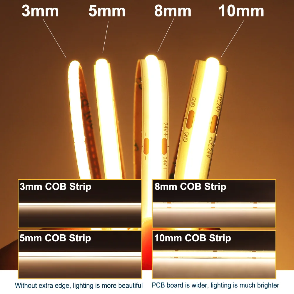 12V 24V FCOB LED Strip Light 3mm 5mm 8mm 10mm Super Thin Addressable LED Tape 480/528LEDs for Home Decor