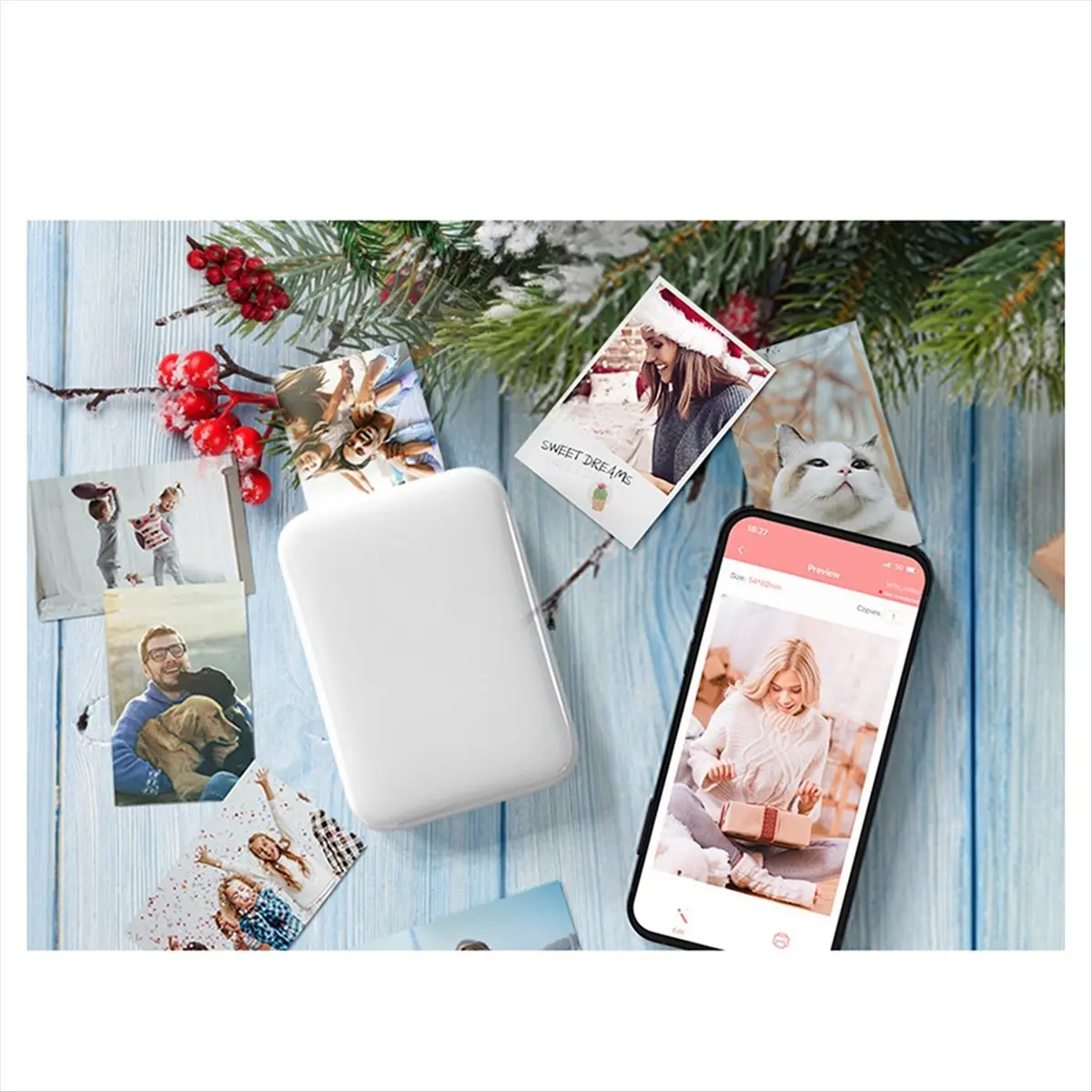 طابعة صور ملونة صغيرة محمولة تعمل بالبلوتوث صانع طباعة الجيب عالي الدقة مع 50 ورقة من ورق الطباعة للهدايا