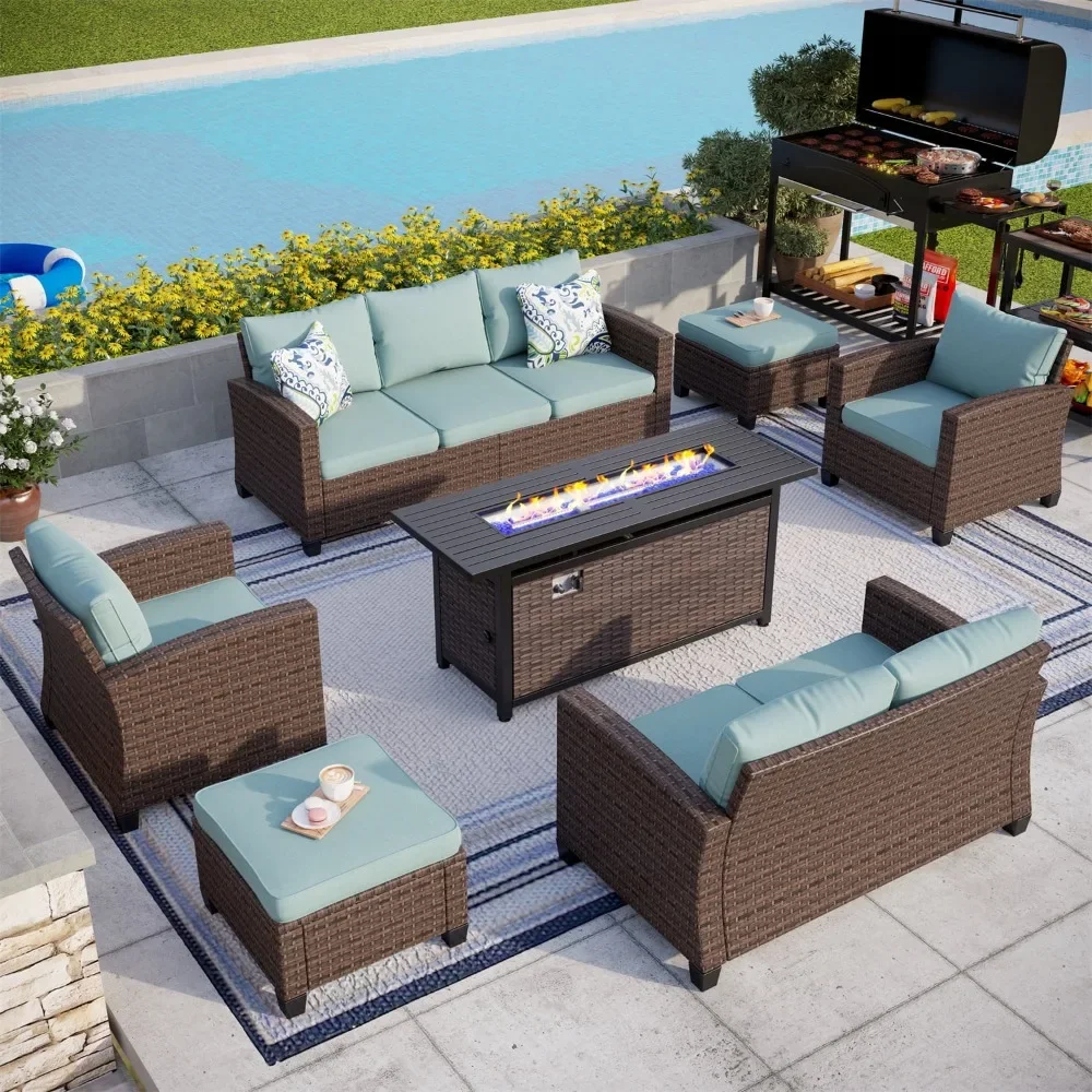 

9-Seat Outdoor Patio Furniture Set with Fire Pit Table Wicker Patio Conversation Set Upgraded Three-proof Fabric Upgrade Comfort