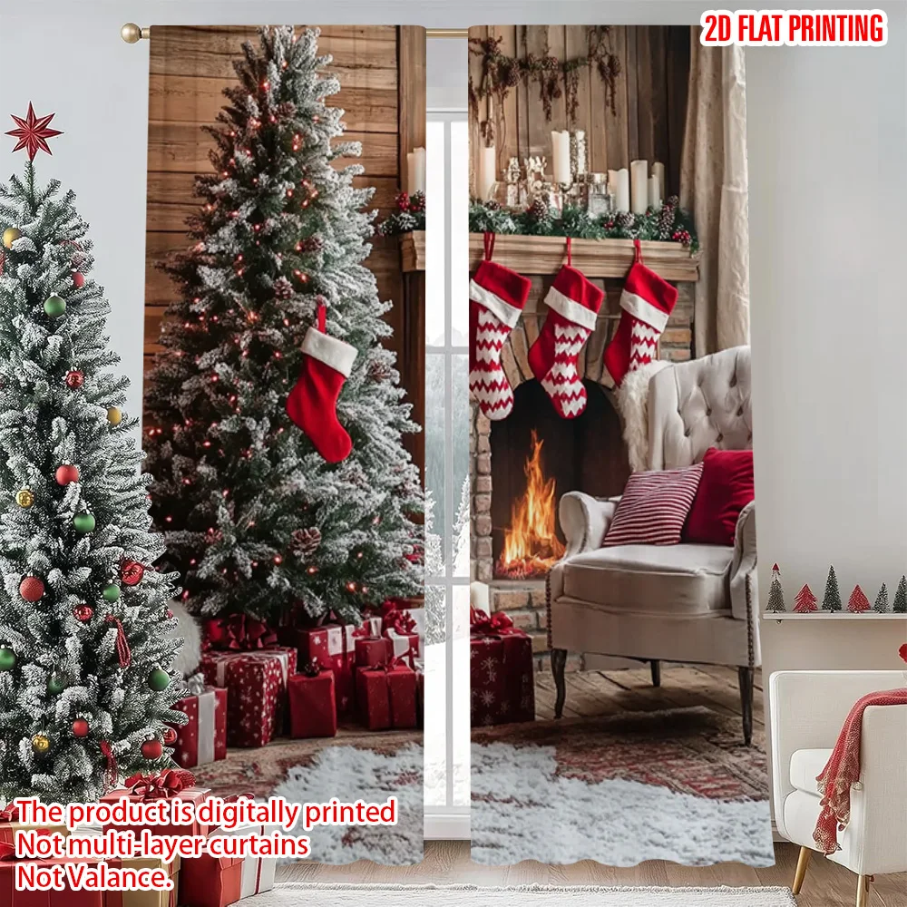 

2pcs 2D flat printing Merry Christmas Popular Window Curtains Winter snow Christmas tree 00 Fabric Without Electricity Festive
