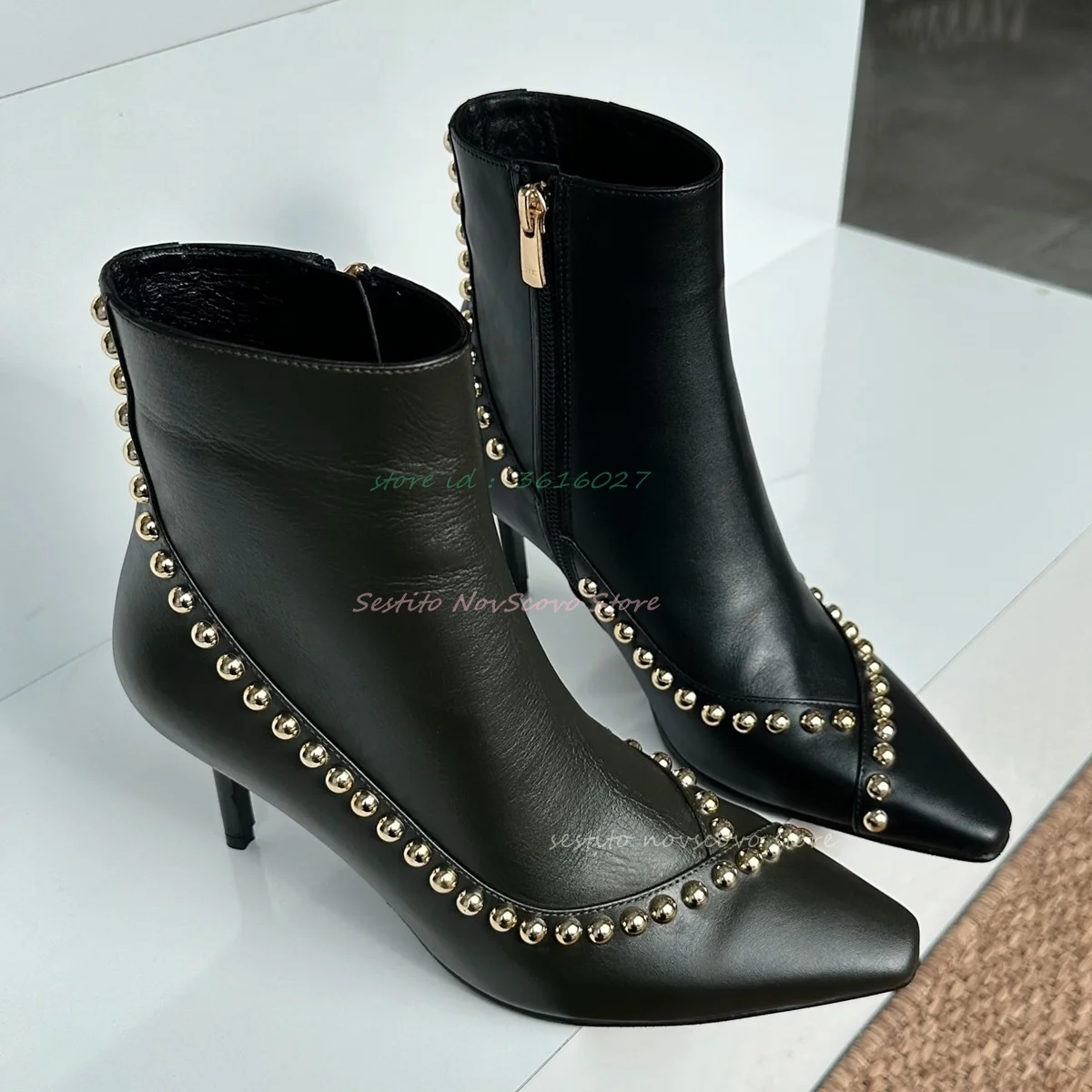 Tiny Square Toe Studded Ankle Boots Black Leather Rivets Decor Side Zip High Heels Short Booties Sexy Women Daily Causal Shoes