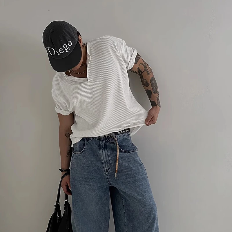 جديد أزياء الرجال الفاخرة هنري تي شيرت بياقة الترفيه الهراء تحقق قصيرة الأكمام قمم النمط الأمريكي خفيفة الوزن تنفس تيز