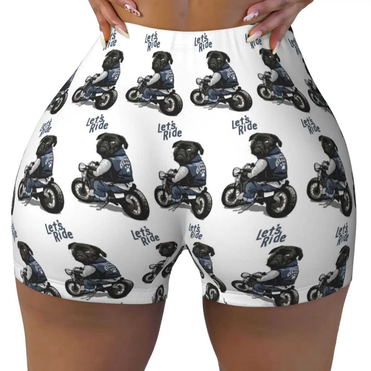 

Пользовательские Let's Ride Мотоцикл Большой велосипед Черные шорты для йоги с собакой-мопсом Женские шорты для тренировок в тренажерном зале Бег Спортивные волейбольные байкерские шорты