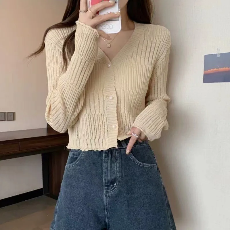 Cardigan Women Hollow Out Cropped Summer Breathable Casual Solid Soft Ulzzang Female All-match Hot Sale Loose Sweater NS5635