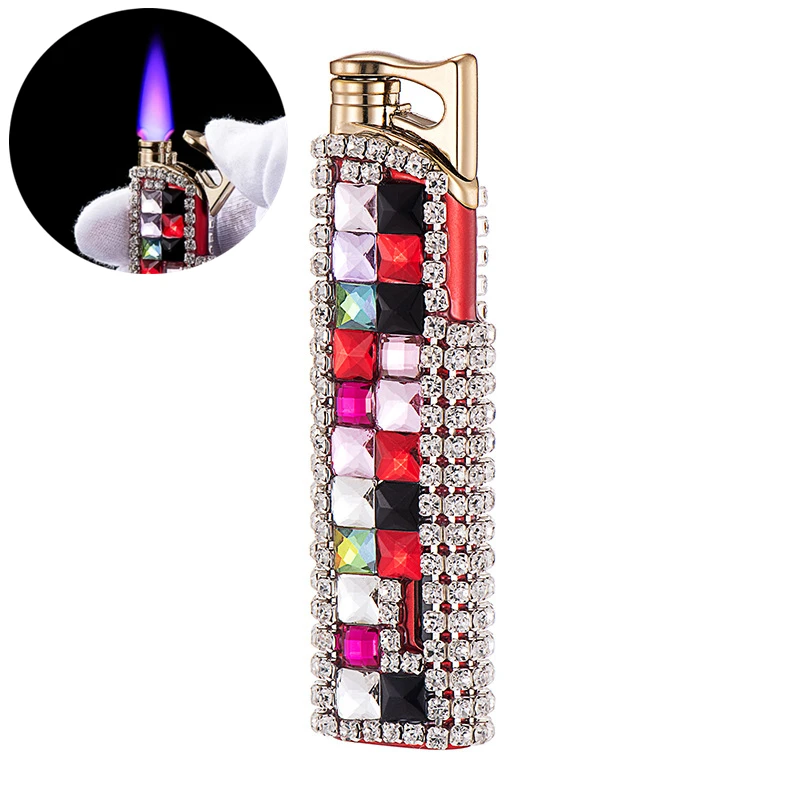 

New Luxury Inlaid Colorful Diamond Lighter with Visible Window Metal Windproof Jet Flame Inflatable Lighter Women's Smoking Gift