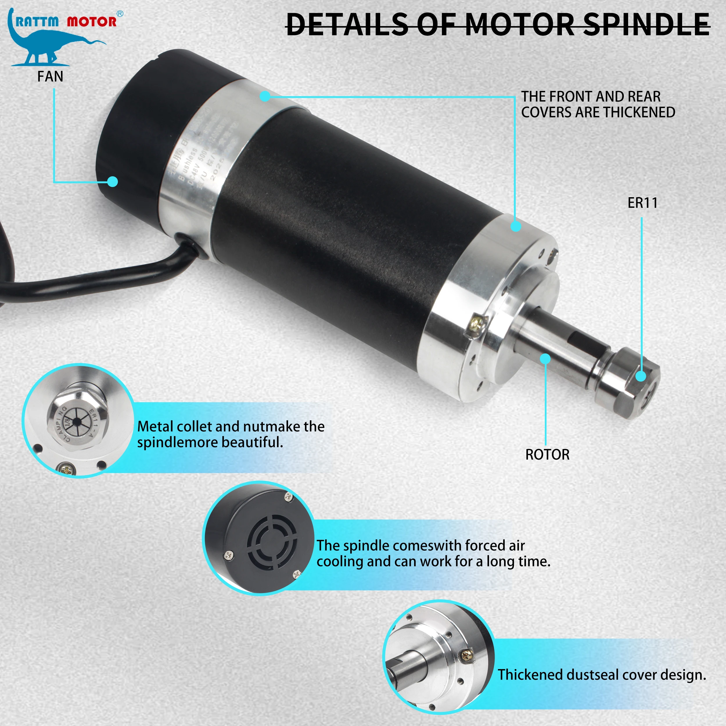 Brushless 500W 48V DC Spindle Motor, ER11, 0.6 N.m, Runout: 0.01-0.03mm, with Controller, Power Supply & 55mm Clamp