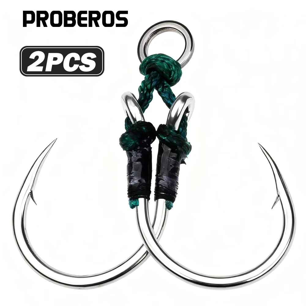PROBEROS 2 Paar Angelhaken mit Doppelwiderhaken, 6X Extra Starke Stärke, Langsam/Schnell Jigging Assist Salzwasser-Haken, Jig-Haken