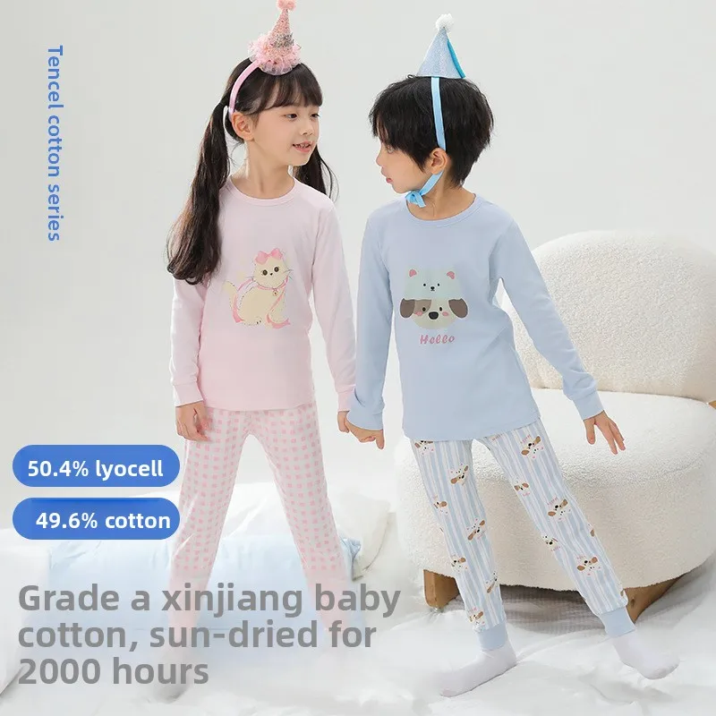 

Children's Thermal Underwear Made of Tencel Cotton, Boys' Autumn Clothes and Pants Set, Girls' Base Sleepwear, Baby Home Clothes