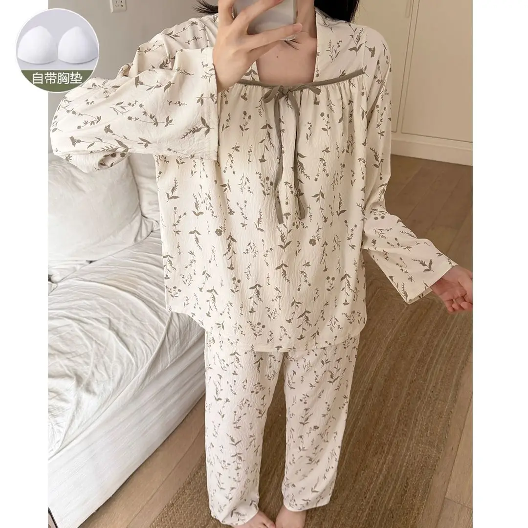 

Student with Chest Pad Pajamas Female Spring Autumn Cartoon Sweet Loose Princess Sleepwear Can Be Worn Outside Lounge Clothes