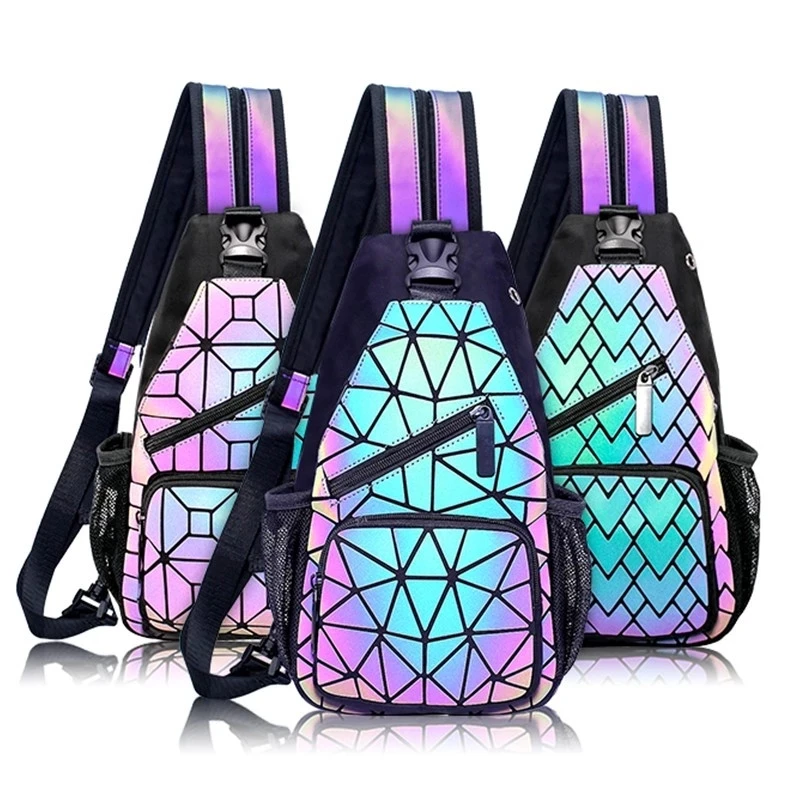 Geometrischer leuchtender Rucksack, holografische reflektierende Tasche, Damen-Umhängetasche mit großem Fassungsvermögen – Detail 1