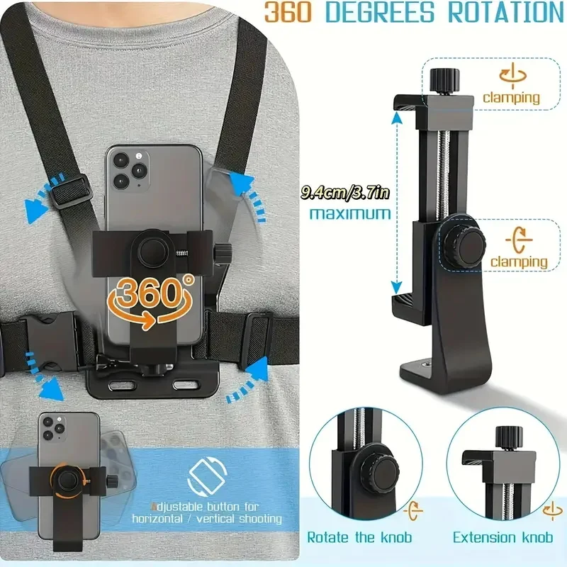 Chest Strap Rotate Phone Mount for iphone Smart Phone Belt Body Harness Holder for Gopro Hero 12 11 10 9 8 Insta360 Dji Camera