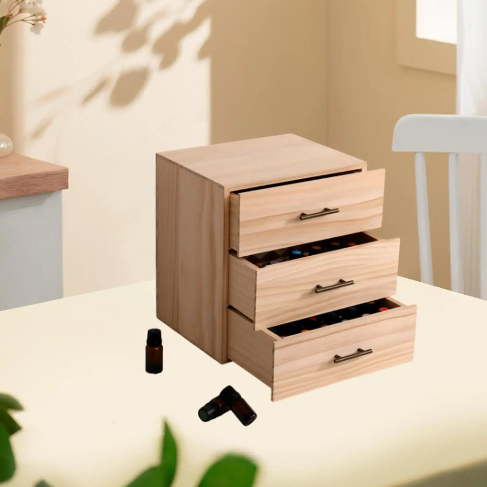 Wooden Essential Oil Drawer Storage Box with Handle for Oil Bottle Display Shelf