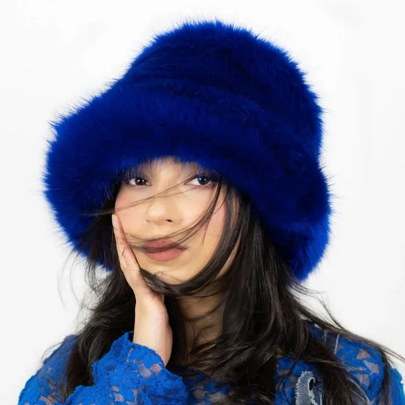 Blue Fluffy Faux Fur Bucket Hats Women Rabbit Fur Warm Thick Plush Winter Hat Y2k Grils Ins Fashion Furry Panama Fisherman Cap