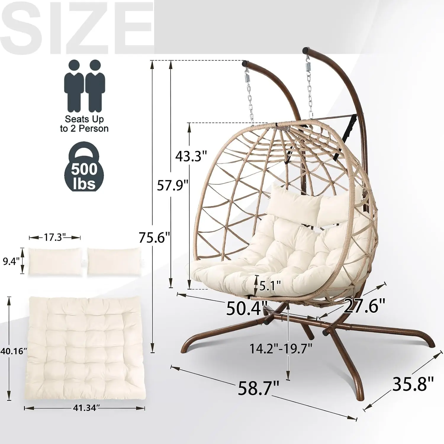 2 Person Egg Swing Chair with Stand Thick Cushions & Pillows Patio Garden Outdoor Hanging Wicker Rattan Seat, Customized - view 2