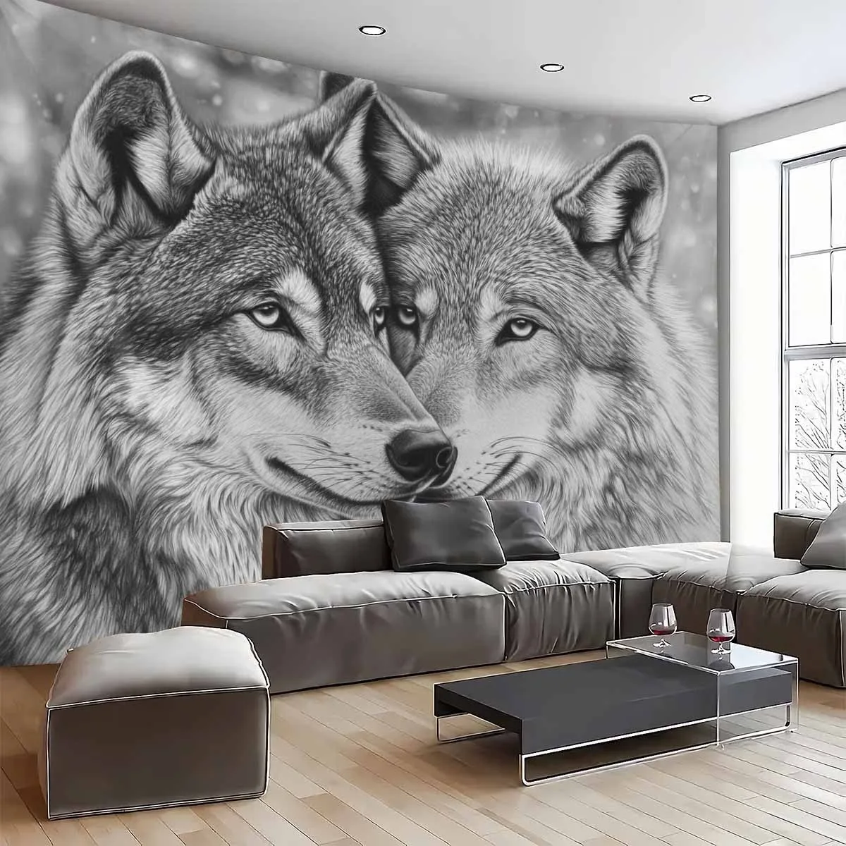 Monochrome Wolf Pair Tapestry Wall Art Forest Animal Hanging Decor for Bohemian Bedroom Living Room