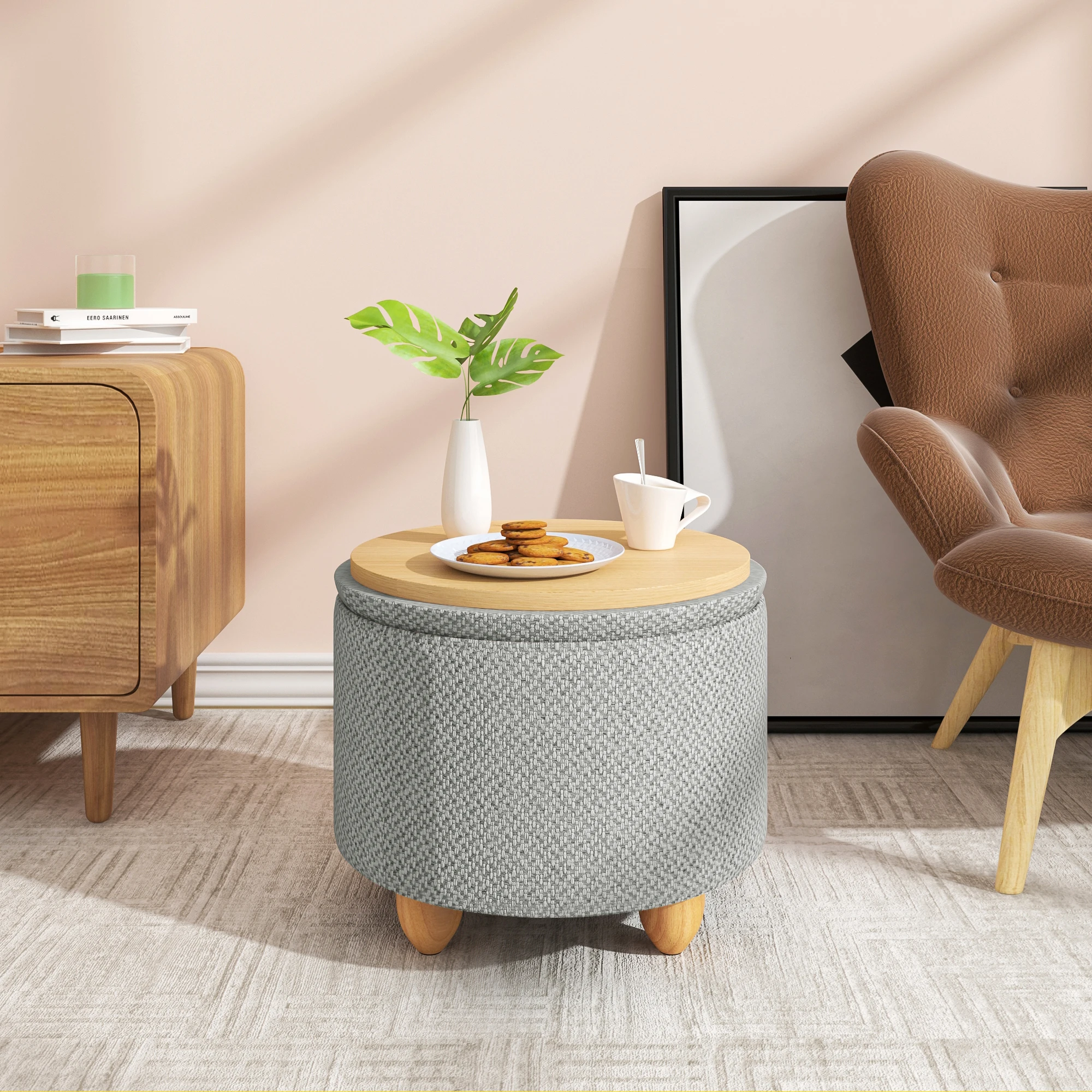 WOLTU faltbarer Ottoman-Aufbewahrungshocker, gepolsterter Hocker mit Deckel, Kiefernholzbeine, platzsparend für Schlafzimmer, Wohnzimmer, Heimdekoration – Detail 11